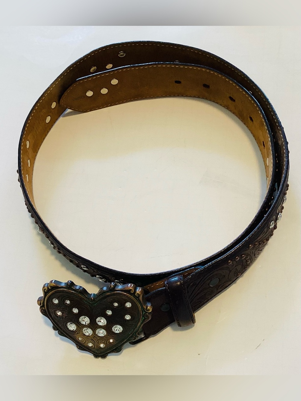 JUSTIN BOOT Tooled Rhinestone Belt & Heart Buckle.  Size 34 - Picture 2 of 11